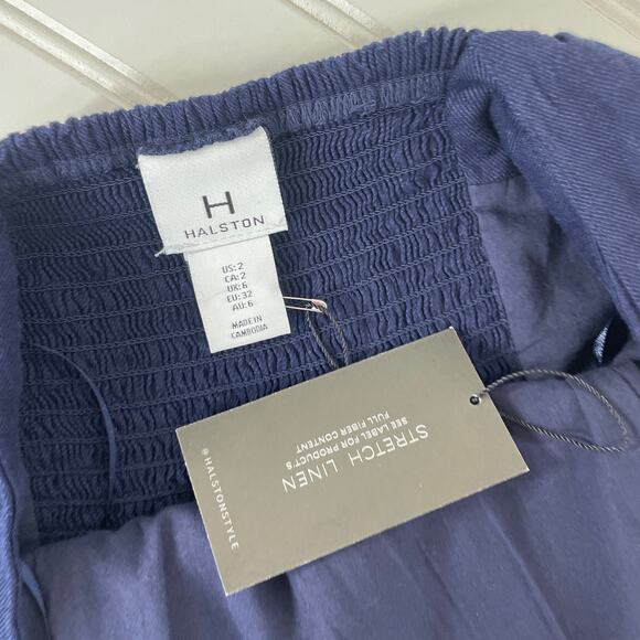 NWT H Halston Navy Blue Stretch Linen Squared Neck Smocked Mini Dress Size 2 - Picture 6 of 7